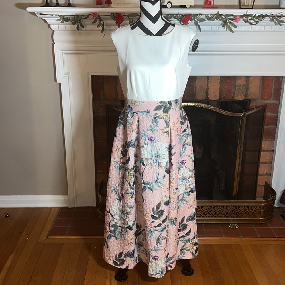 CLOSET LONDON GOLD PEACH FLORAL 2 IN 1 PLEATED DRESS Size UK 14/US 10